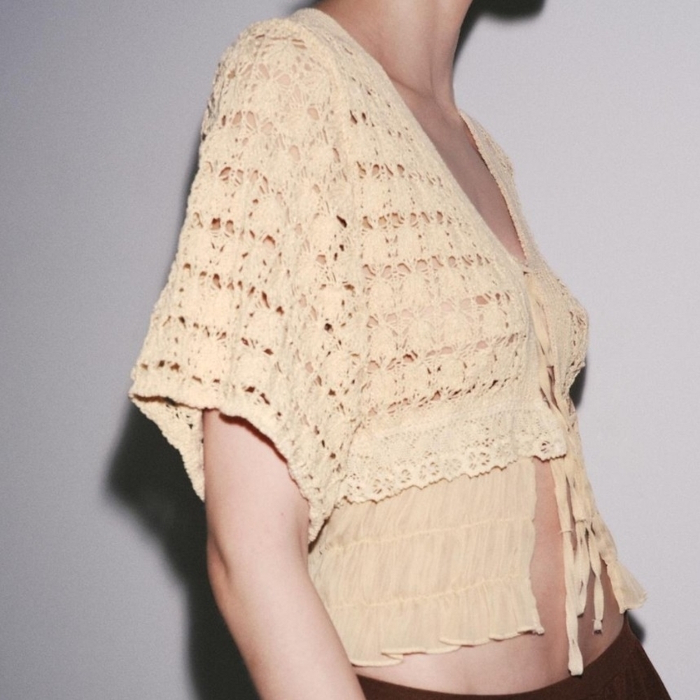 NWT Zara Crochet Open Knit Ruffled Hem Tie-Front Cardigan In Apricot - M - Picture 3 of 11